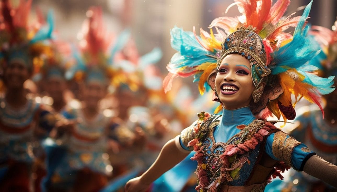 A vibrant street parade featuring energetic dancers in traditional Sinulog costumes.
