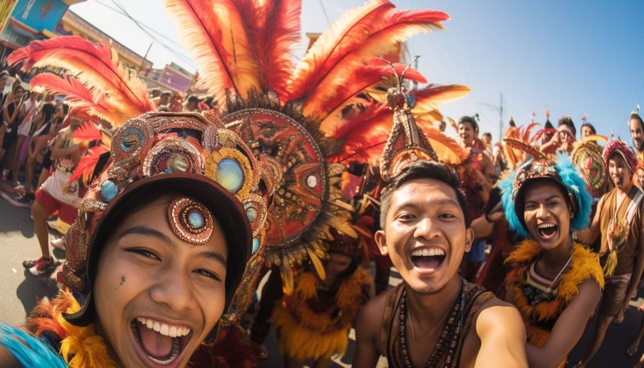 Street photograph showcasing diverse individuals in vibrant festival attire.