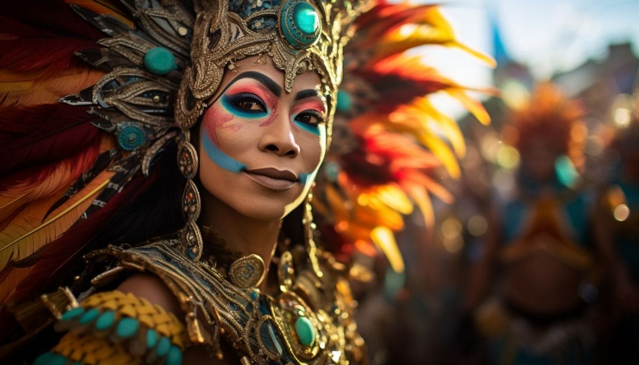 Vibrant performers in Sinulog costumes captured in a lively street parade.
