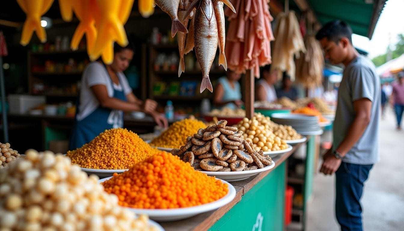 A rustic market stall in Cebu City sells colorful local snacks and dried fish.