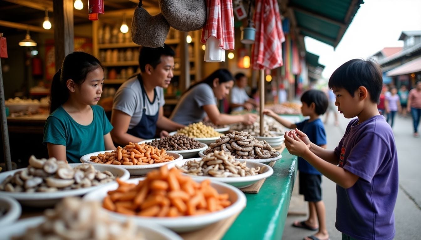 A bustling scene at Taboan Market with vendors and customers.