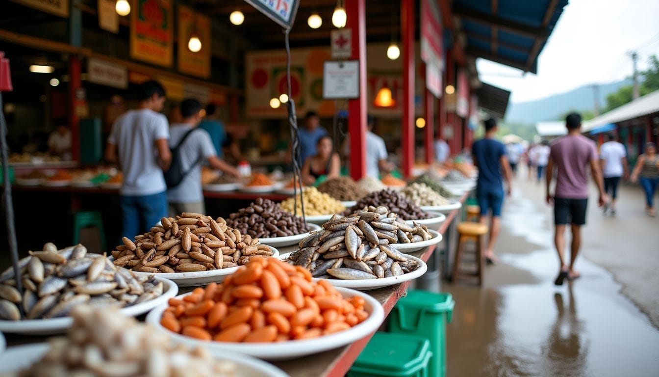 A daytime photo of a bustling outdoor market filled with vibrant displays of dried fish.