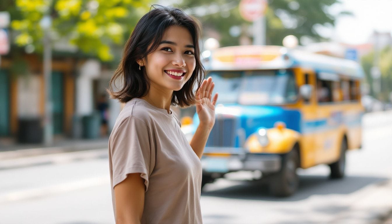 A person hailing a colorful jeepney in Cebu City.